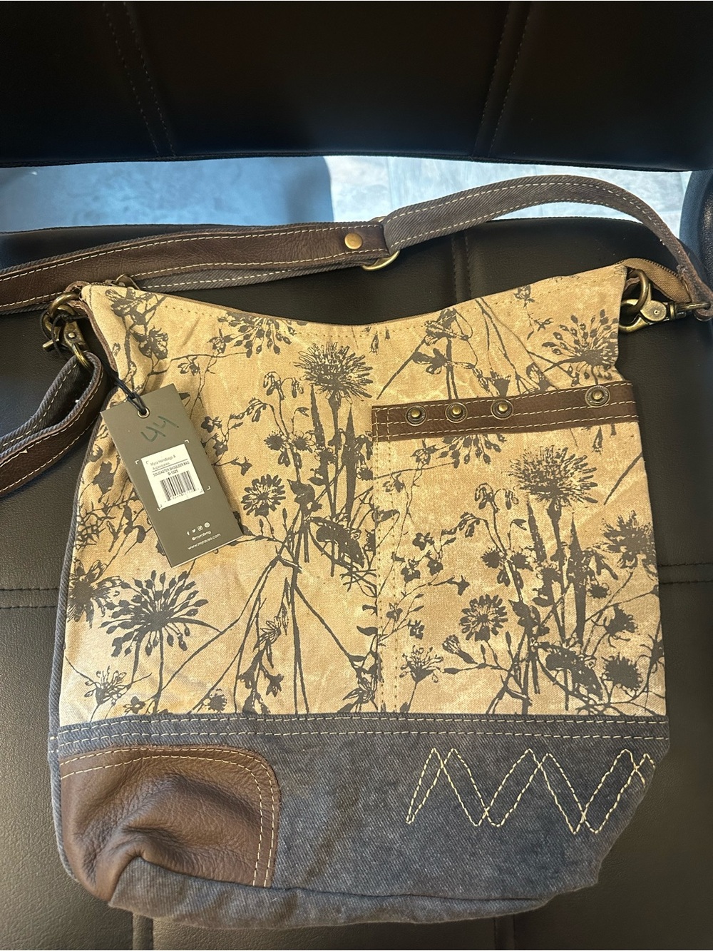 Myra Bag Beige Canvas Floral Crossbody with Brown Accents